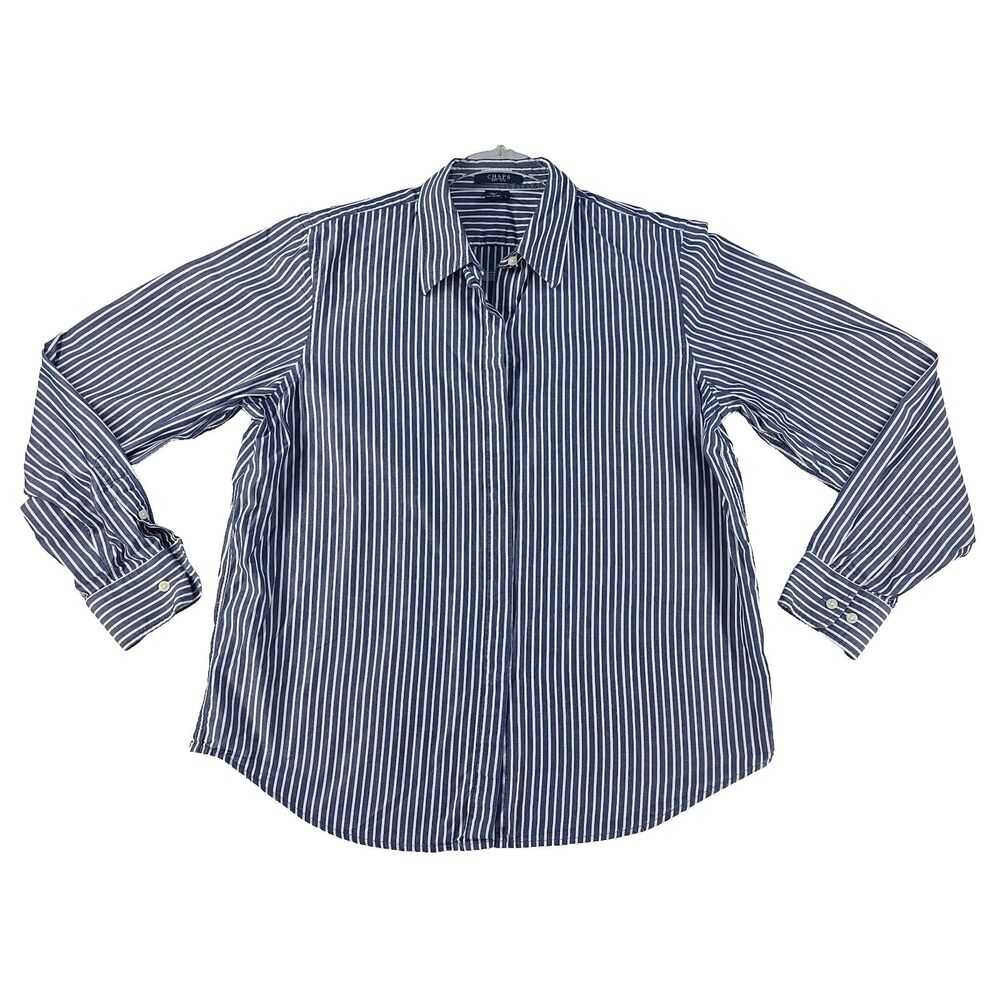 Chaps Women's Hidden Placket Button Up Long Sleeve Shirt Blue Stripe Size L